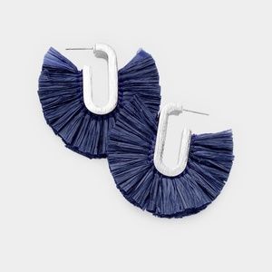NWT Raffia Fan Tassel Earings Navy Blue Post